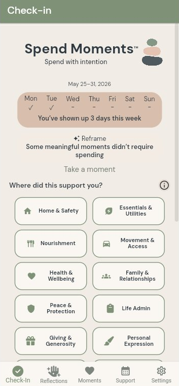 Spend Moments check-in screen
