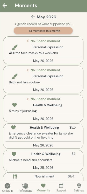 Spend Moments page showing real logged moments for May 2026