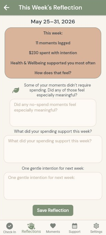 Spend Moments weekly reflection screen